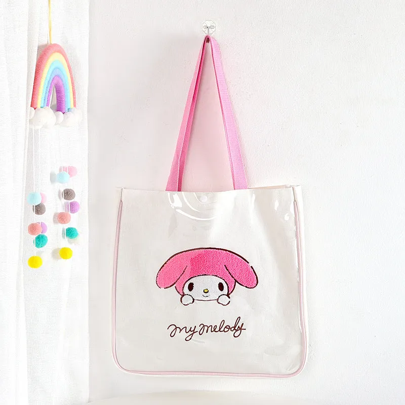 Tote Bag with Embroidery | Hello Kitty My Melody Kuromi Little Twin Stars Cinnamoroll Pompompurin Pochacco KeroKeroKeroppi - with Plastic Cover