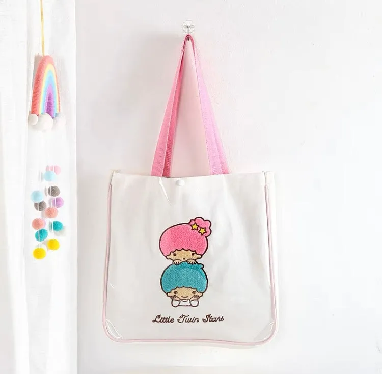 Tote Bag with Embroidery | Hello Kitty My Melody Kuromi Little Twin Stars Cinnamoroll Pompompurin Pochacco KeroKeroKeroppi - with Plastic Cover