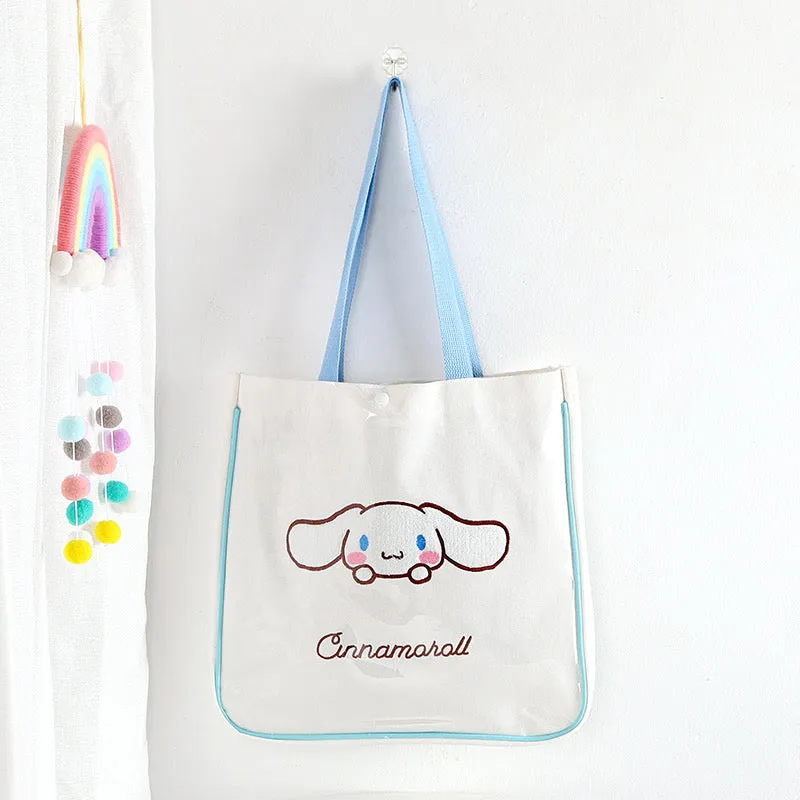 Tote Bag with Embroidery | Hello Kitty My Melody Kuromi Little Twin Stars Cinnamoroll Pompompurin Pochacco KeroKeroKeroppi - with Plastic Cover