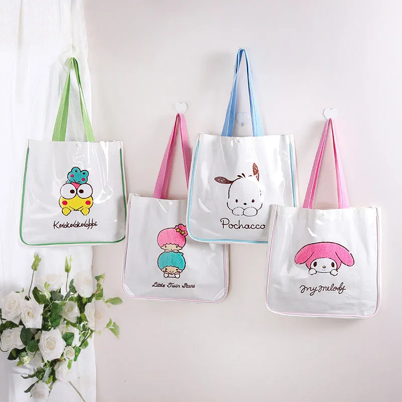 Tote Bag with Embroidery | Hello Kitty My Melody Kuromi Little Twin Stars Cinnamoroll Pompompurin Pochacco KeroKeroKeroppi - with Plastic Cover