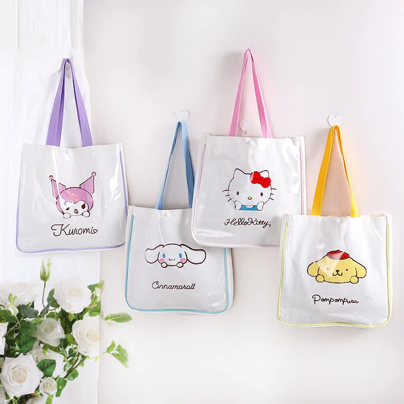 Tote Bag with Embroidery | Hello Kitty My Melody Kuromi Little Twin Stars Cinnamoroll Pompompurin Pochacco KeroKeroKeroppi - with Plastic Cover