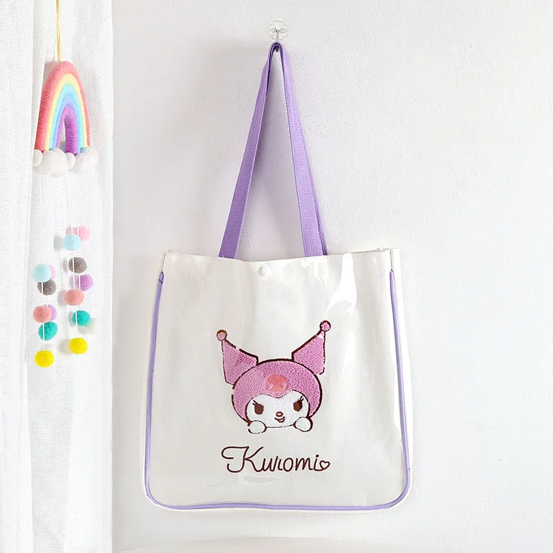 Tote Bag with Embroidery | Hello Kitty My Melody Kuromi Little Twin Stars Cinnamoroll Pompompurin Pochacco KeroKeroKeroppi - with Plastic Cover