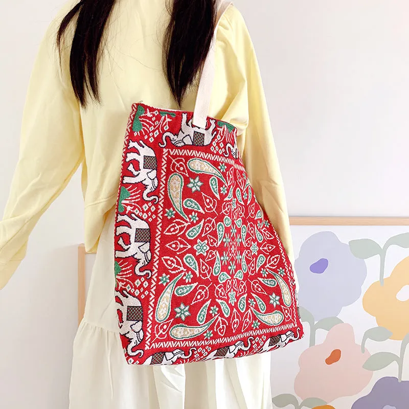 Vintage ethnic style red elephant embroidery bag, literary travel bag, shoulder bag, hand-held cross-body shopping bag