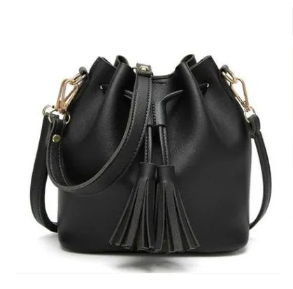 Vintage Fashion Leather Bucket Bag Handbag Tassel Drawstring Shoulder Bag