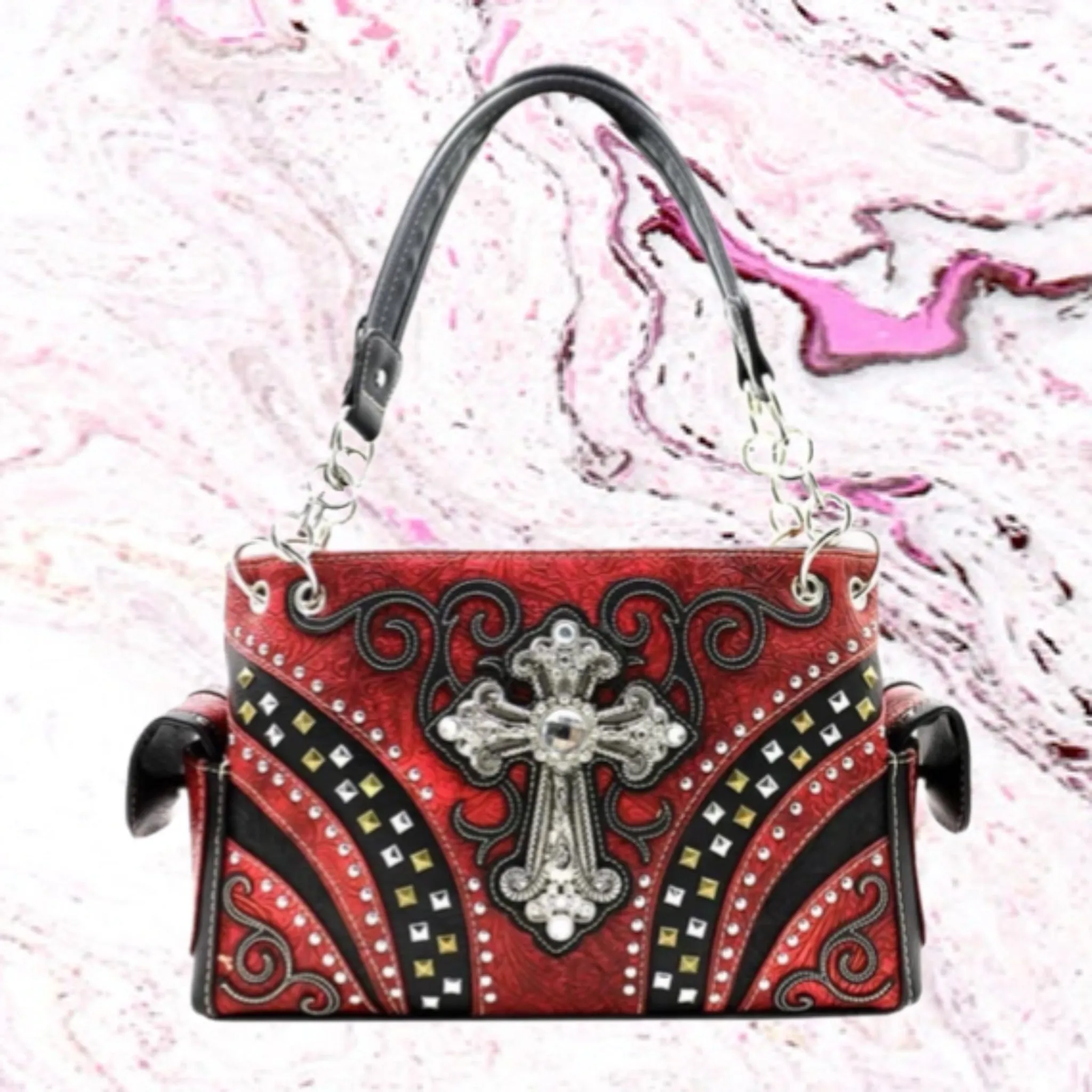 Western Studded Rhinestone Cross Shoulder Bag-RED