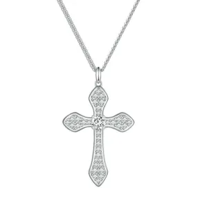 White Gold Plated 925 Solid Sterling Silver Cubic Zirconia Cross Pendant Crucifix Necklace Faithful For Women Girls