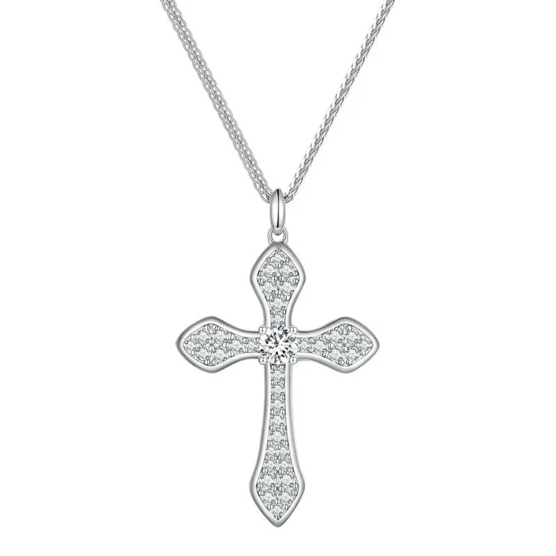 White Gold Plated 925 Solid Sterling Silver Cubic Zirconia Cross Pendant Crucifix Necklace Faithful For Women Girls