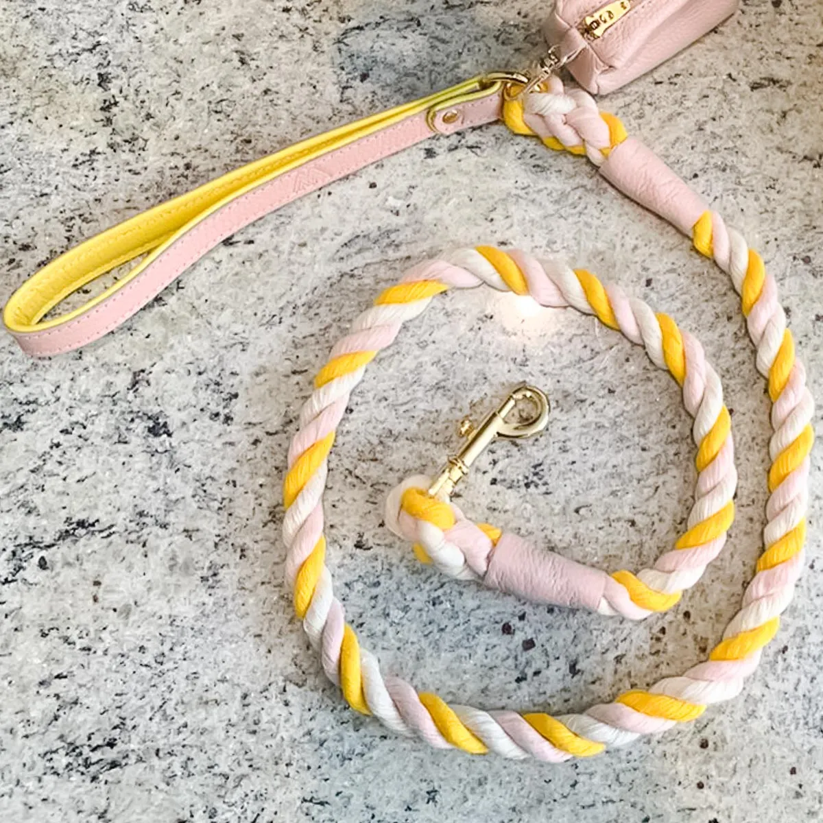 Willow Walks multi coloured rope lead with leather details in pink and yellow