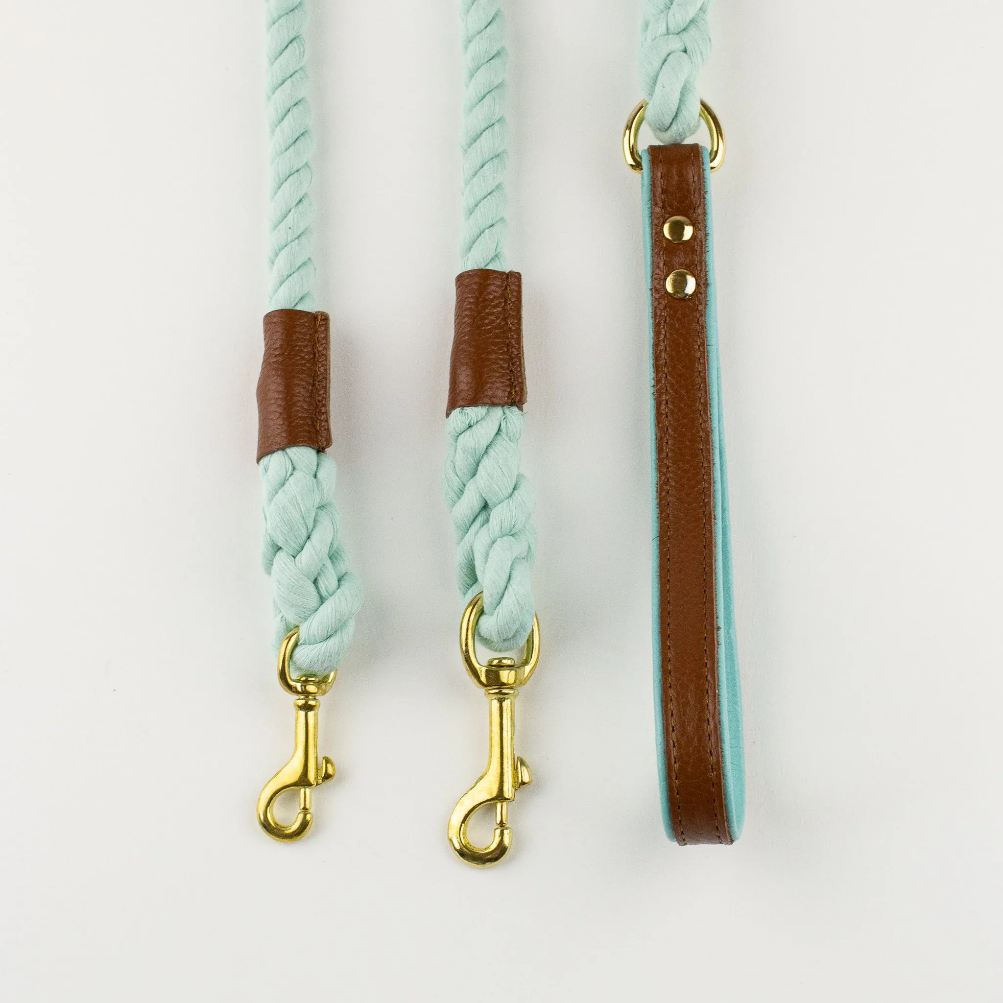 Willow Walks rope lead with leather handle in brown and aqua