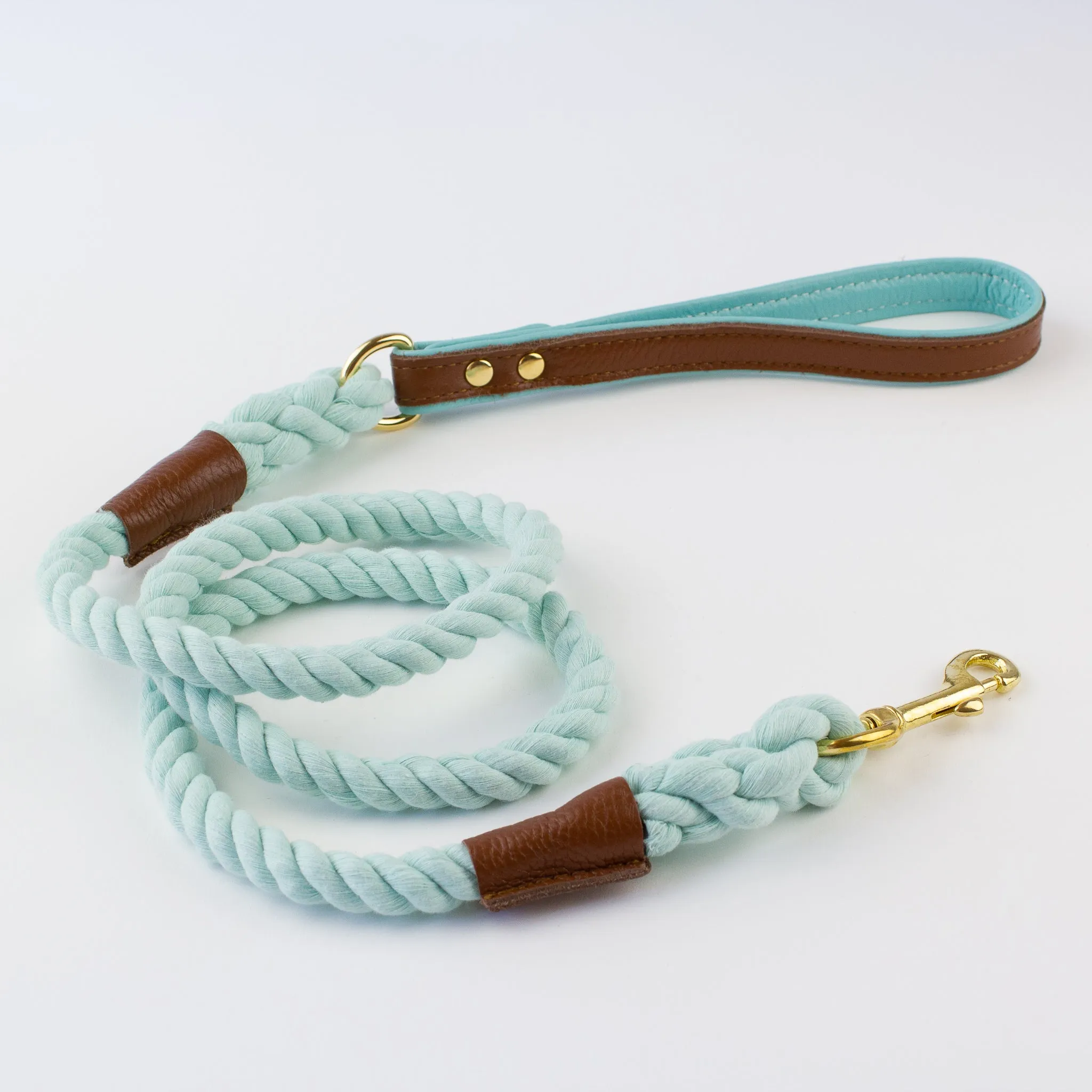 Willow Walks rope lead with leather handle in brown and aqua