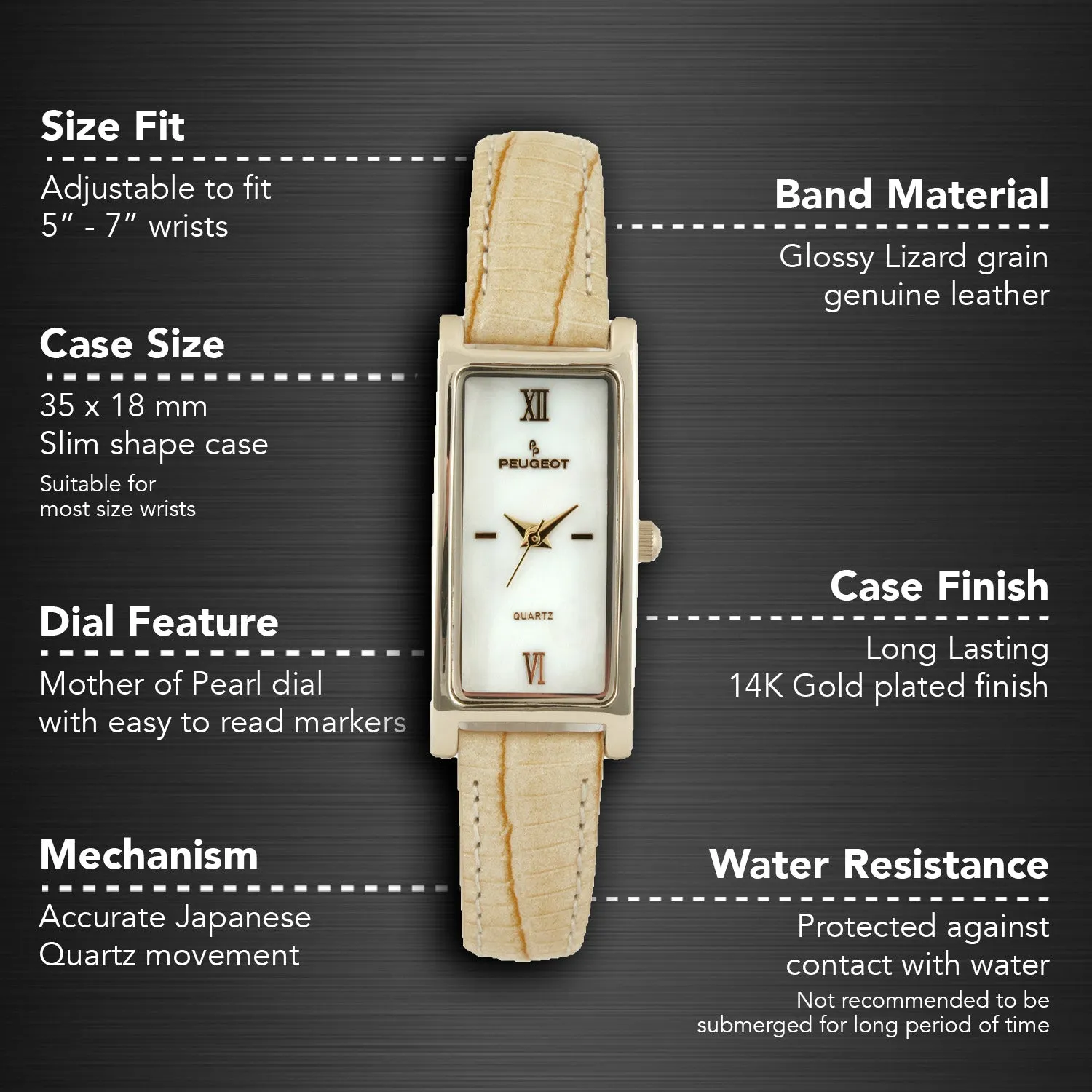 Women 36x18mm Watch Glossy Tan Leather Strap