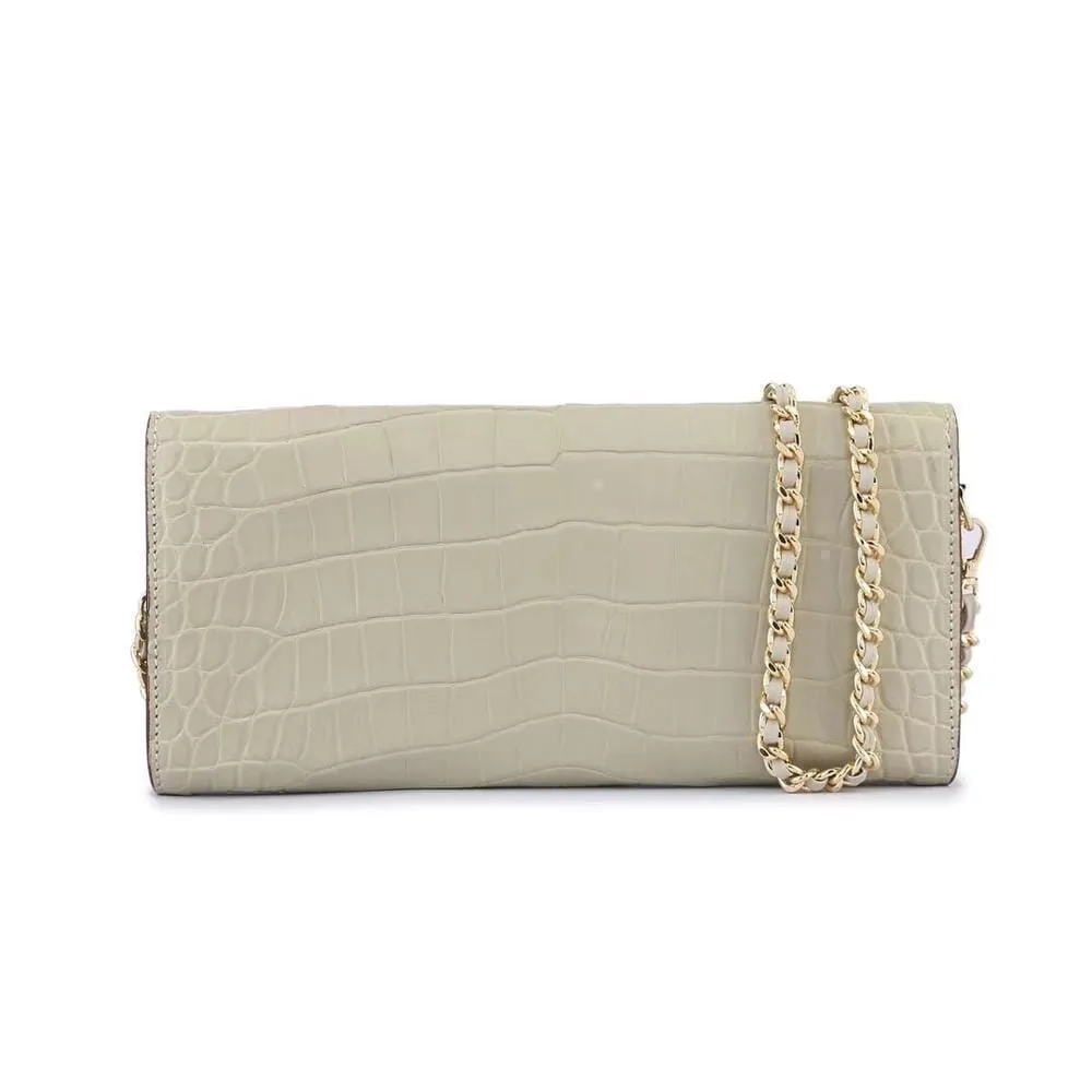 Women's Crocodile Leather  Pouches Chain Pouchette Clutch Bags Cream