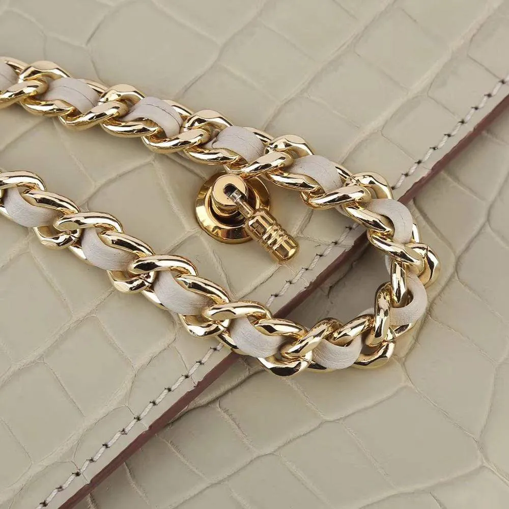 Women's Crocodile Leather  Pouches Chain Pouchette Clutch Bags Cream