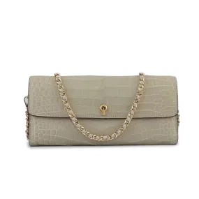 Women's Crocodile Leather  Pouches Chain Pouchette Clutch Bags Cream