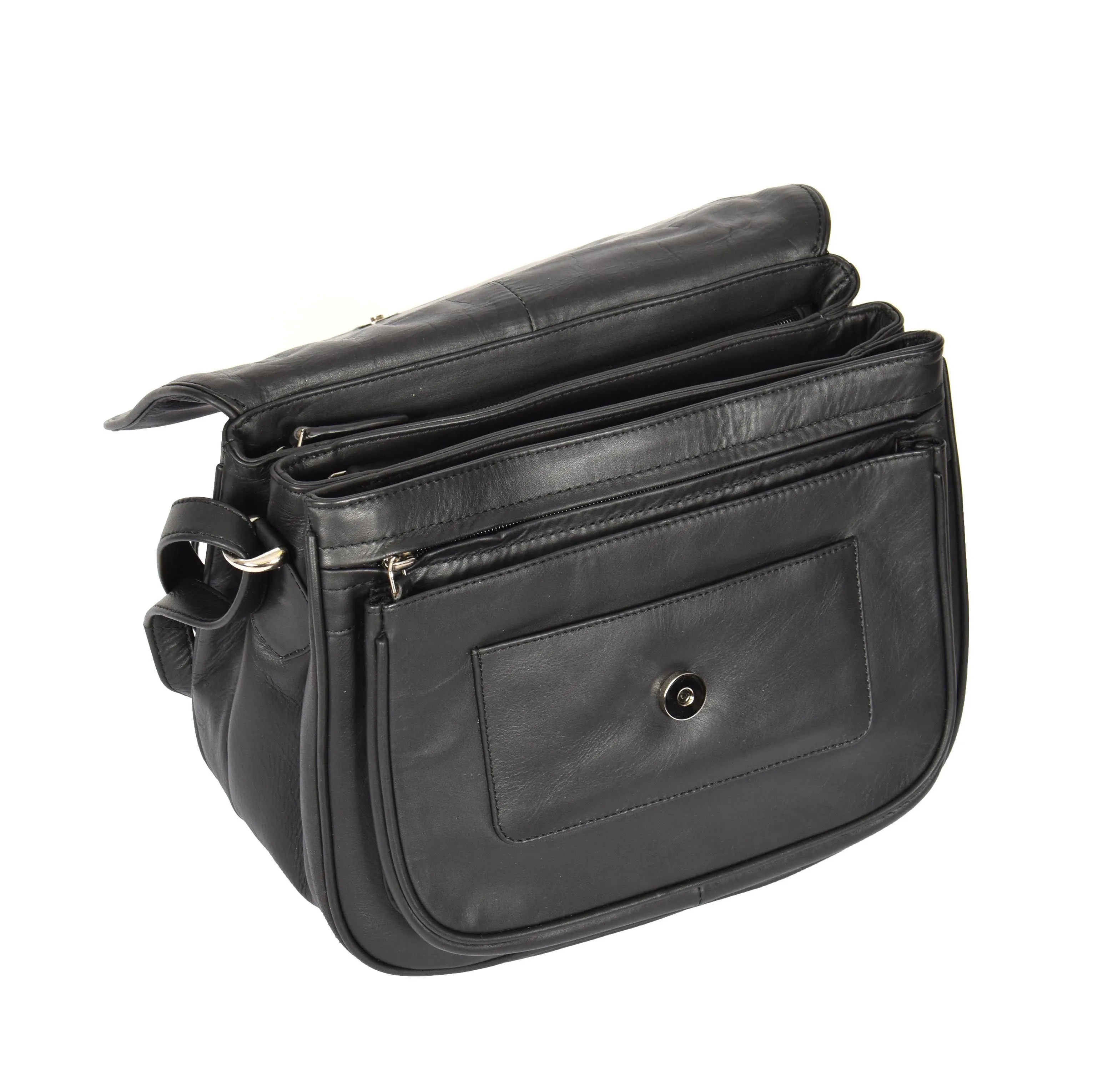 Womens Soft BLACK Leather Multi Zip Pockets Shoulder Bag A95