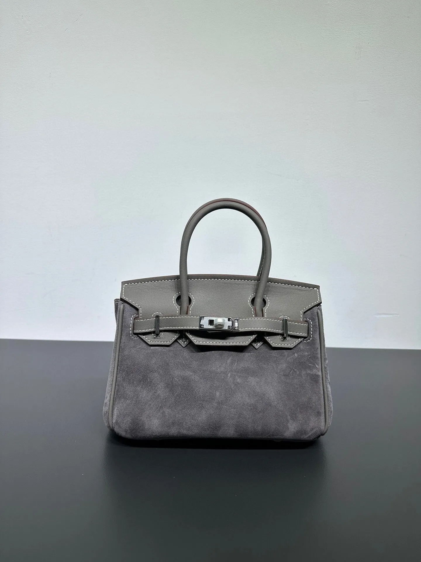 Womens Suede Leather Padlock  Top Handle Bag Grey