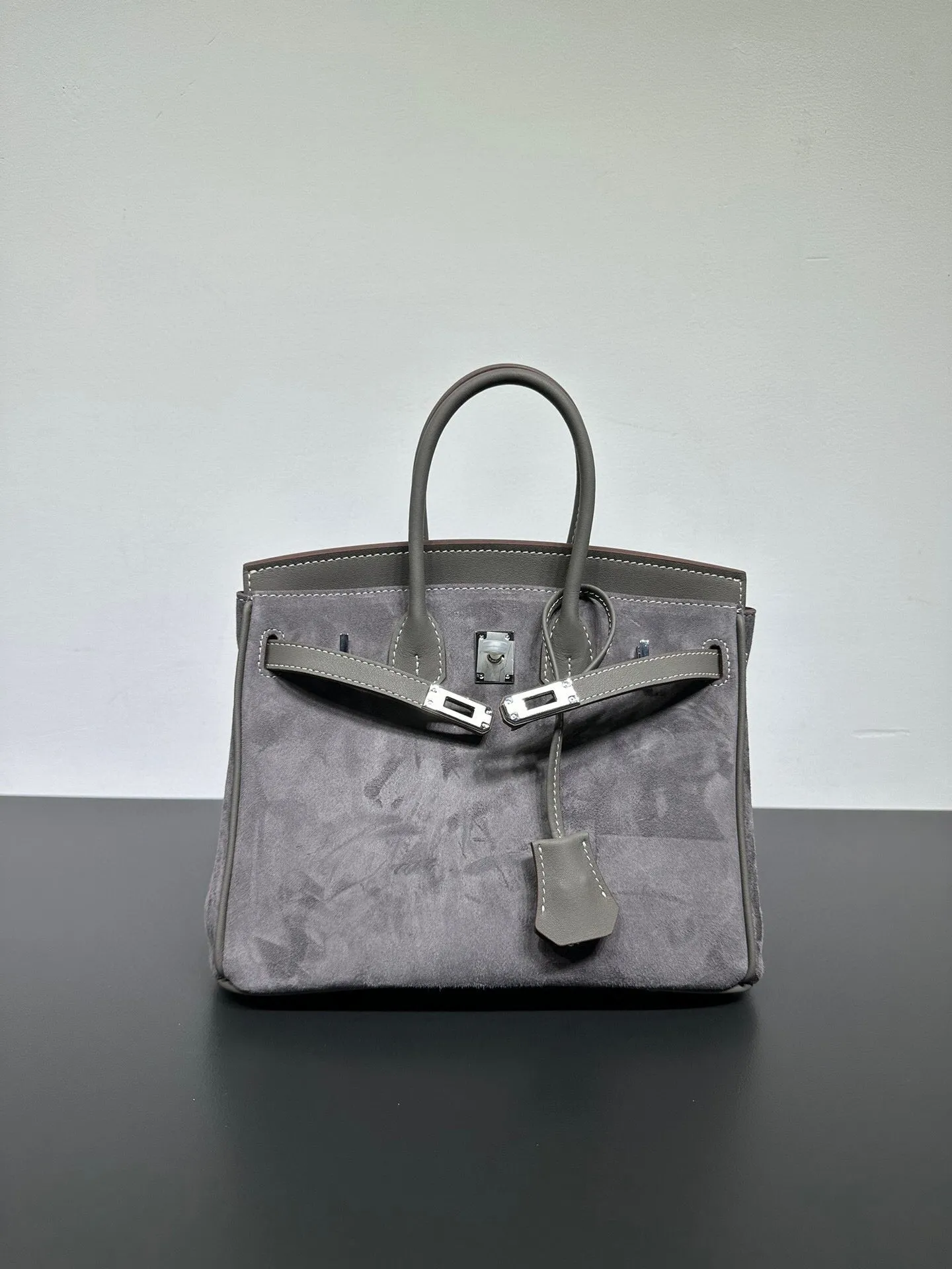 Womens Suede Leather Padlock  Top Handle Bag Grey