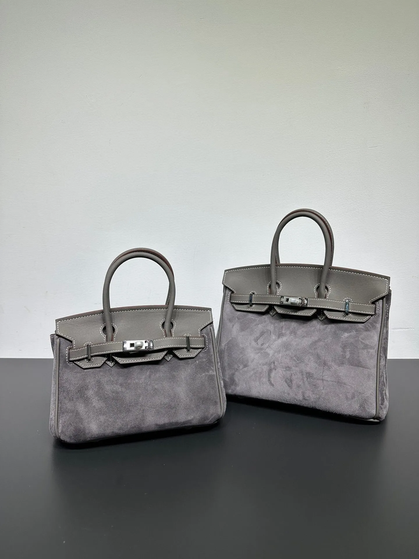 Womens Suede Leather Padlock  Top Handle Bag Grey