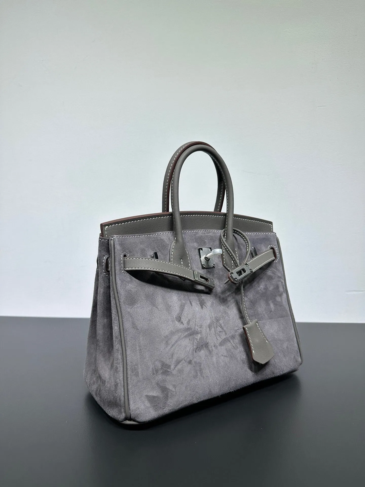 Womens Suede Leather Padlock  Top Handle Bag Grey