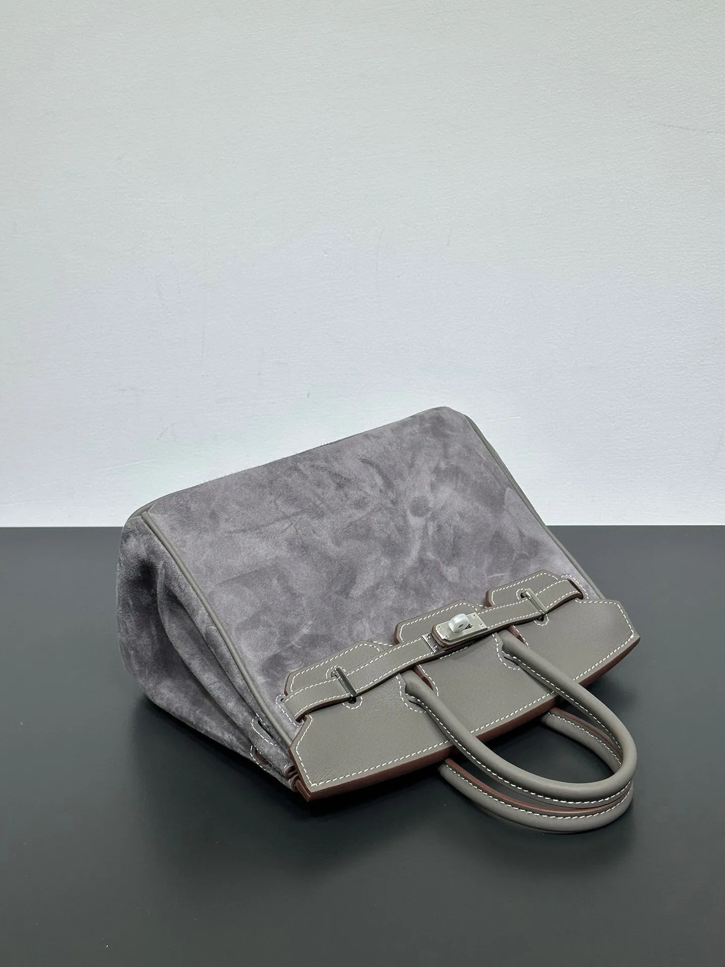 Womens Suede Leather Padlock  Top Handle Bag Grey