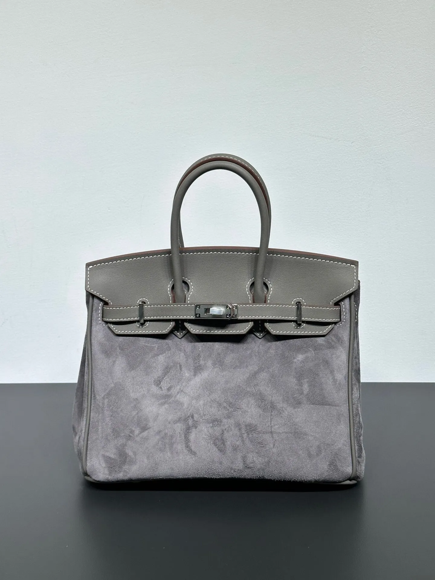 Womens Suede Leather Padlock  Top Handle Bag Grey