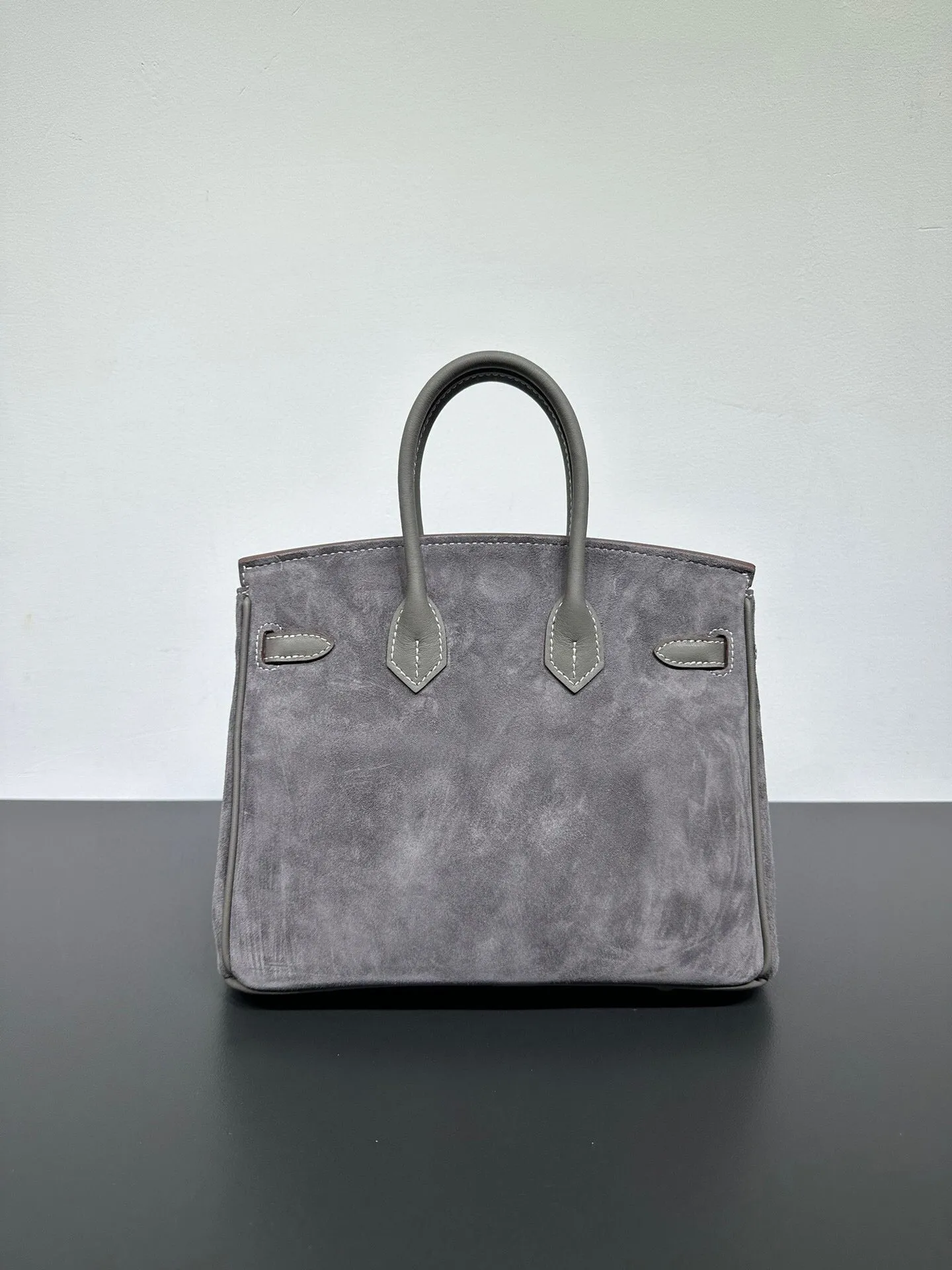 Womens Suede Leather Padlock  Top Handle Bag Grey