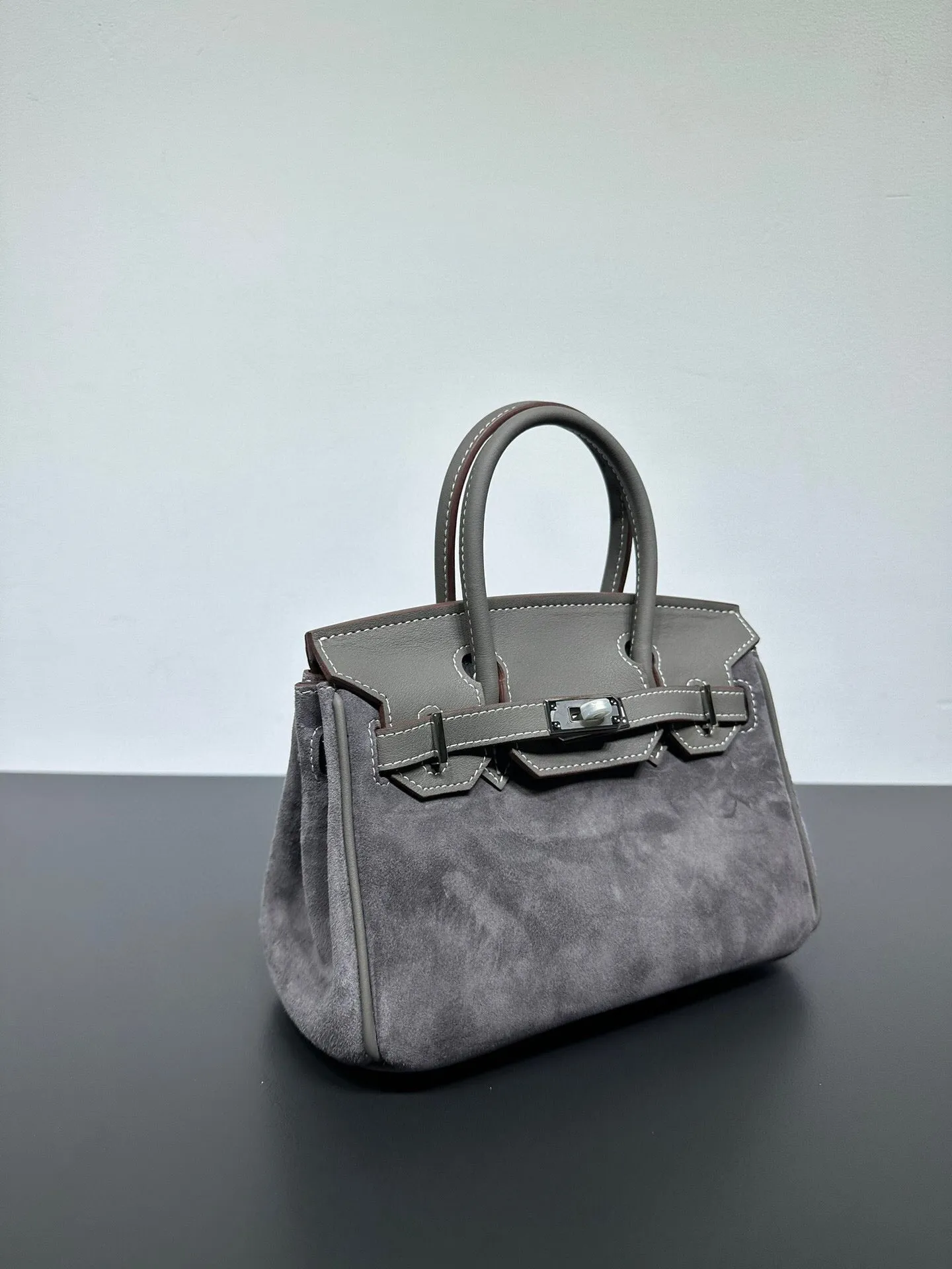 Womens Suede Leather Padlock  Top Handle Bag Grey