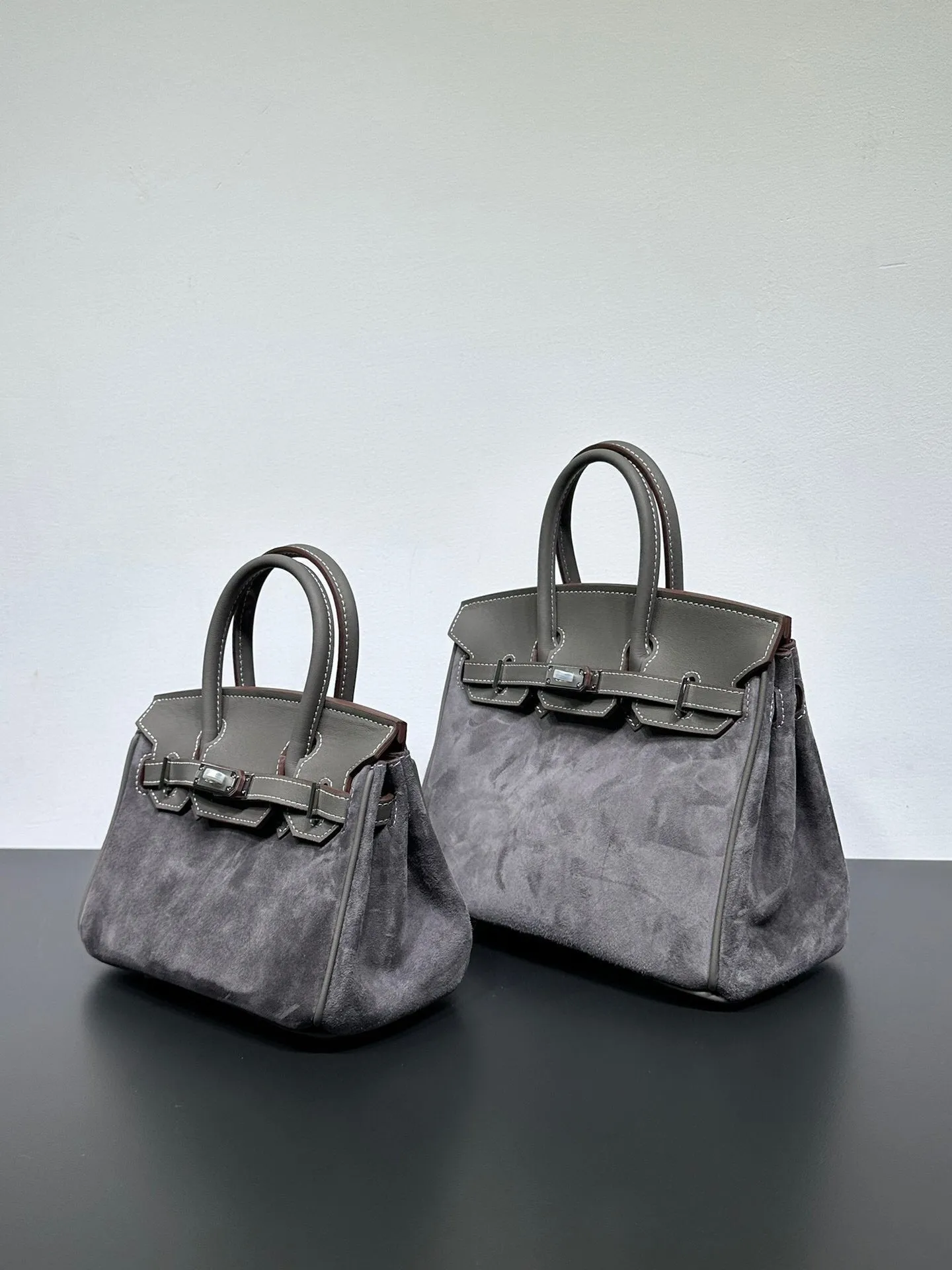 Womens Suede Leather Padlock  Top Handle Bag Grey