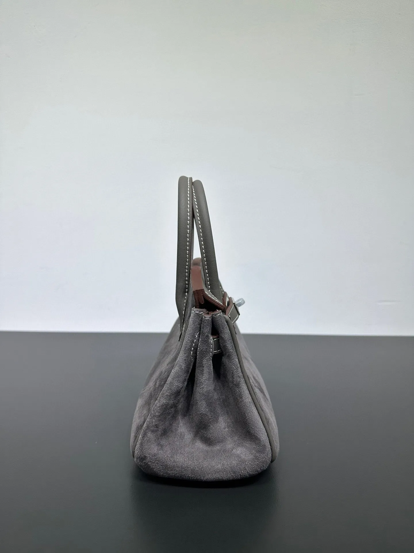 Womens Suede Leather Padlock  Top Handle Bag Grey