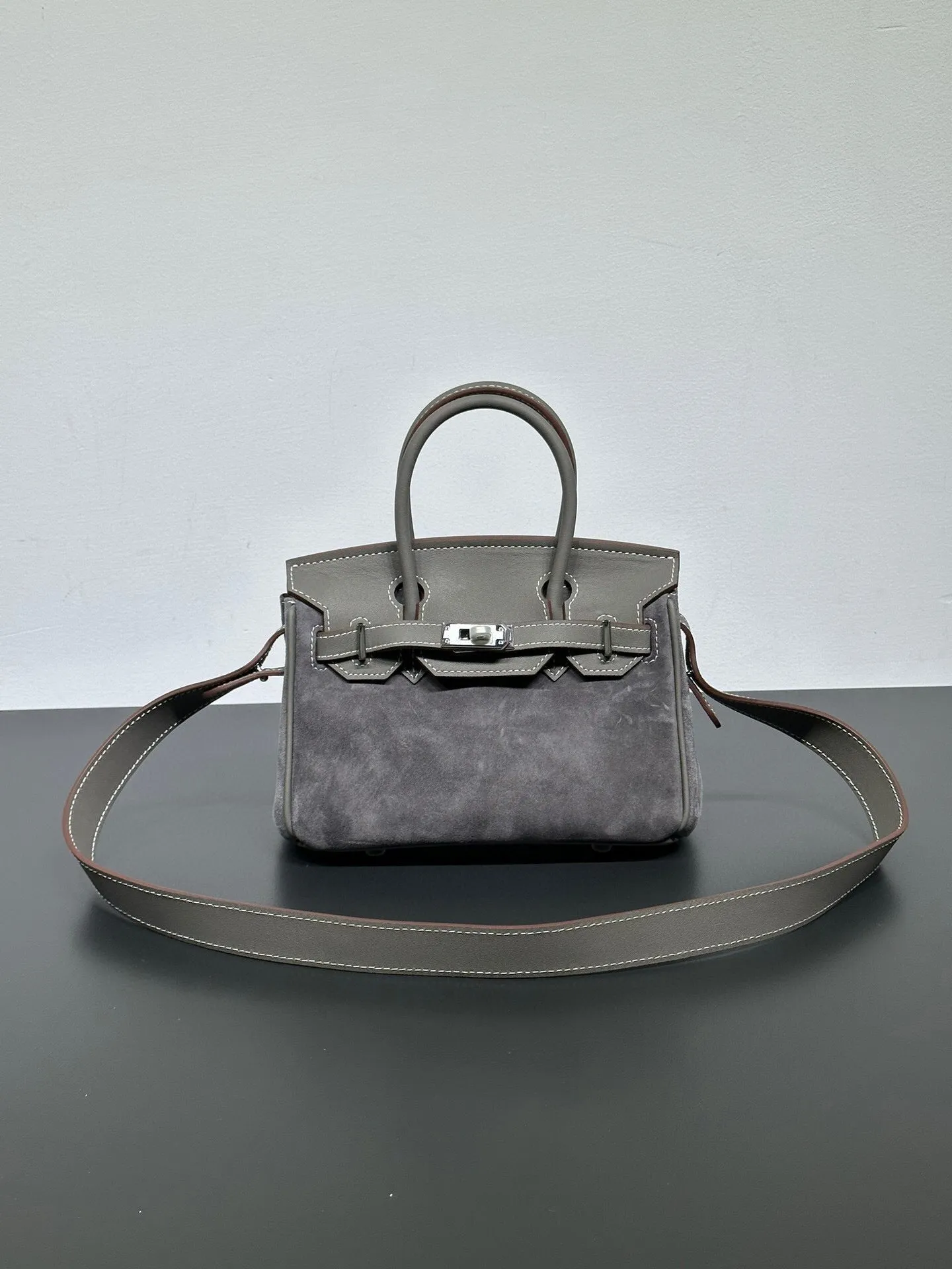 Womens Suede Leather Padlock  Top Handle Bag Grey