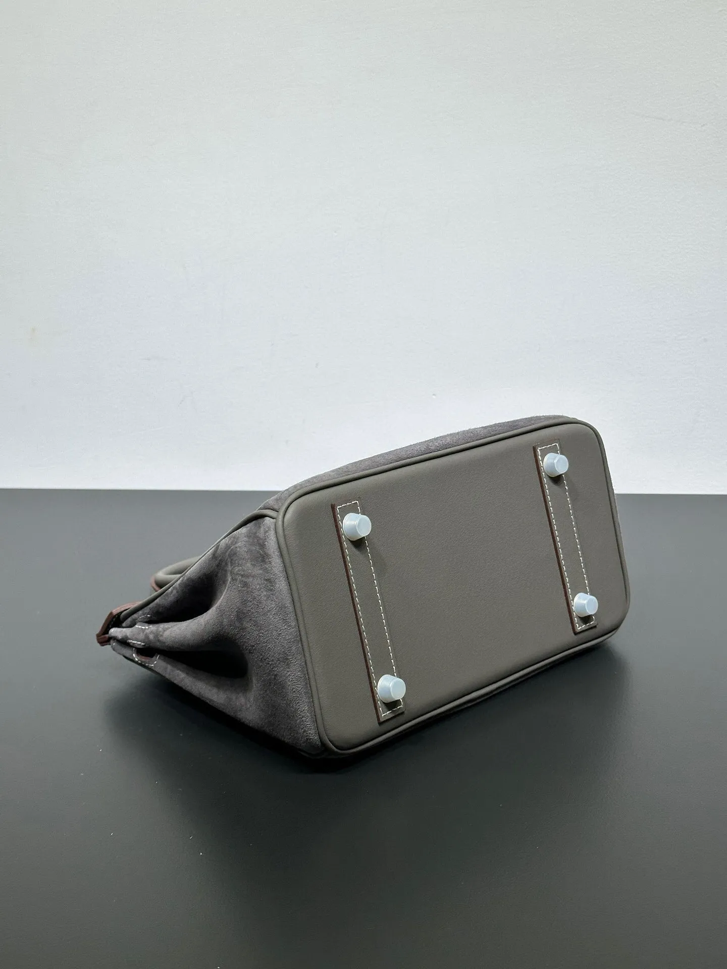 Womens Suede Leather Padlock  Top Handle Bag Grey