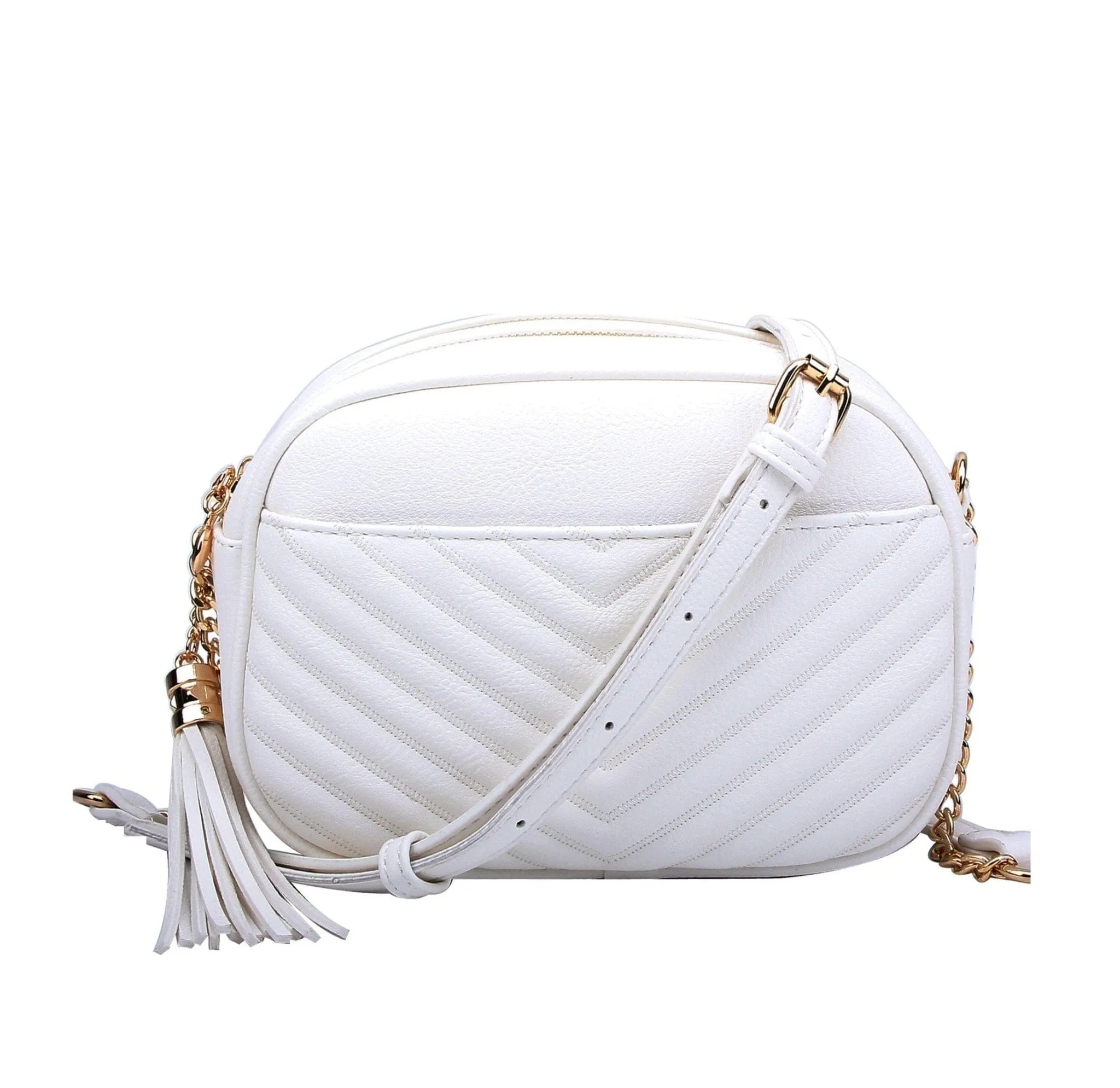 WU121 Veronica Double Zipper V Pattern Stitch Tassel Crossbody Bag