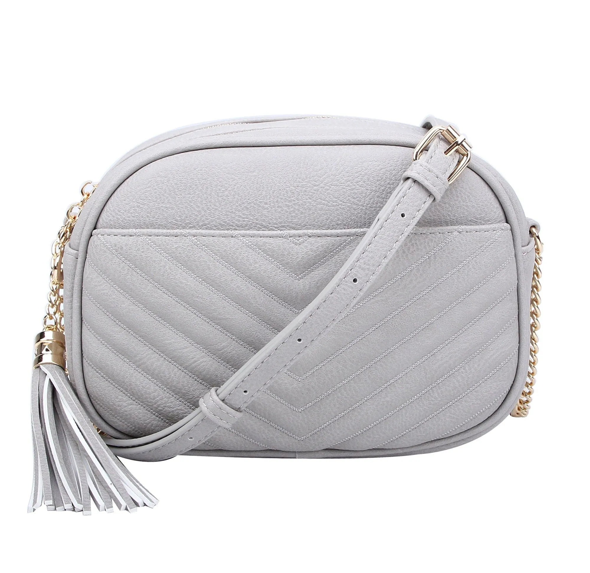 WU121 Veronica Double Zipper V Pattern Stitch Tassel Crossbody Bag