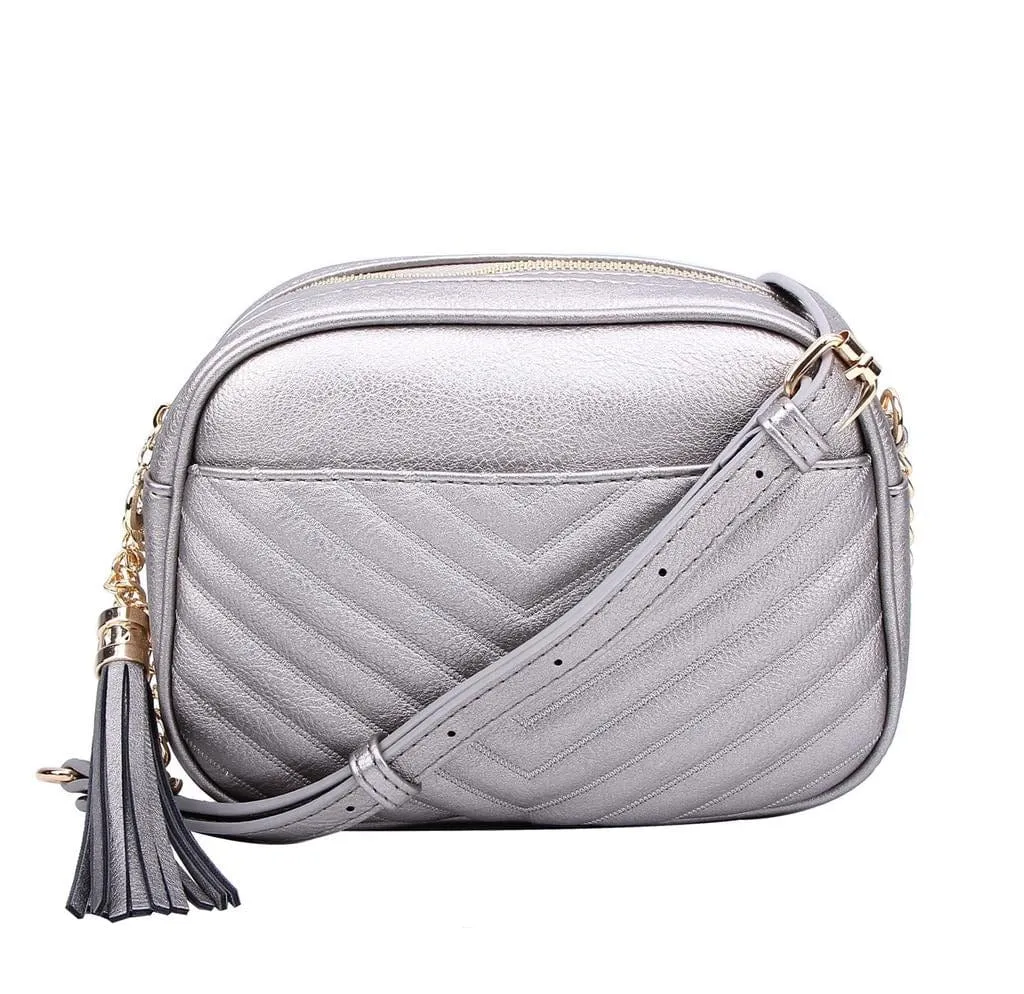 WU121 Veronica Double Zipper V Pattern Stitch Tassel Crossbody Bag