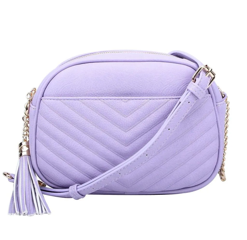 WU121 Veronica Double Zipper V Pattern Stitch Tassel Crossbody Bag