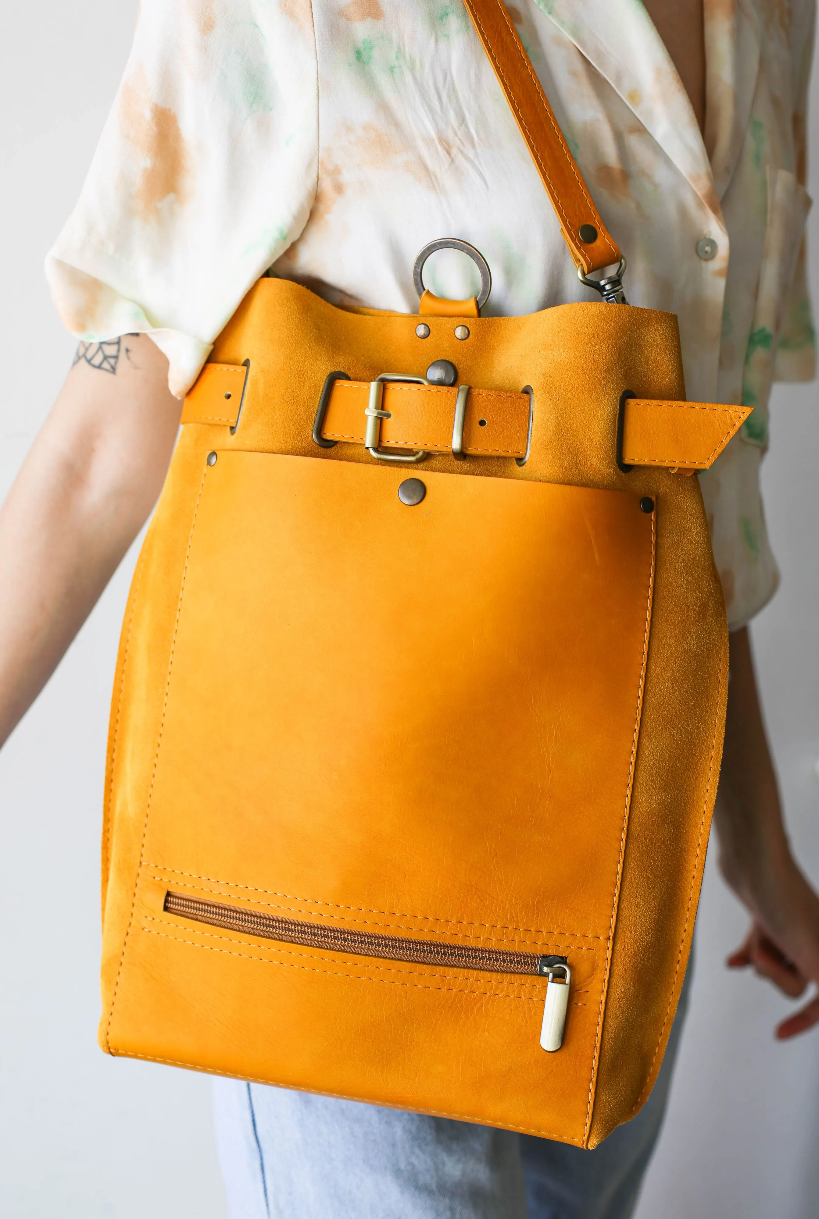 Yellow Suede Leather Backpack Purse