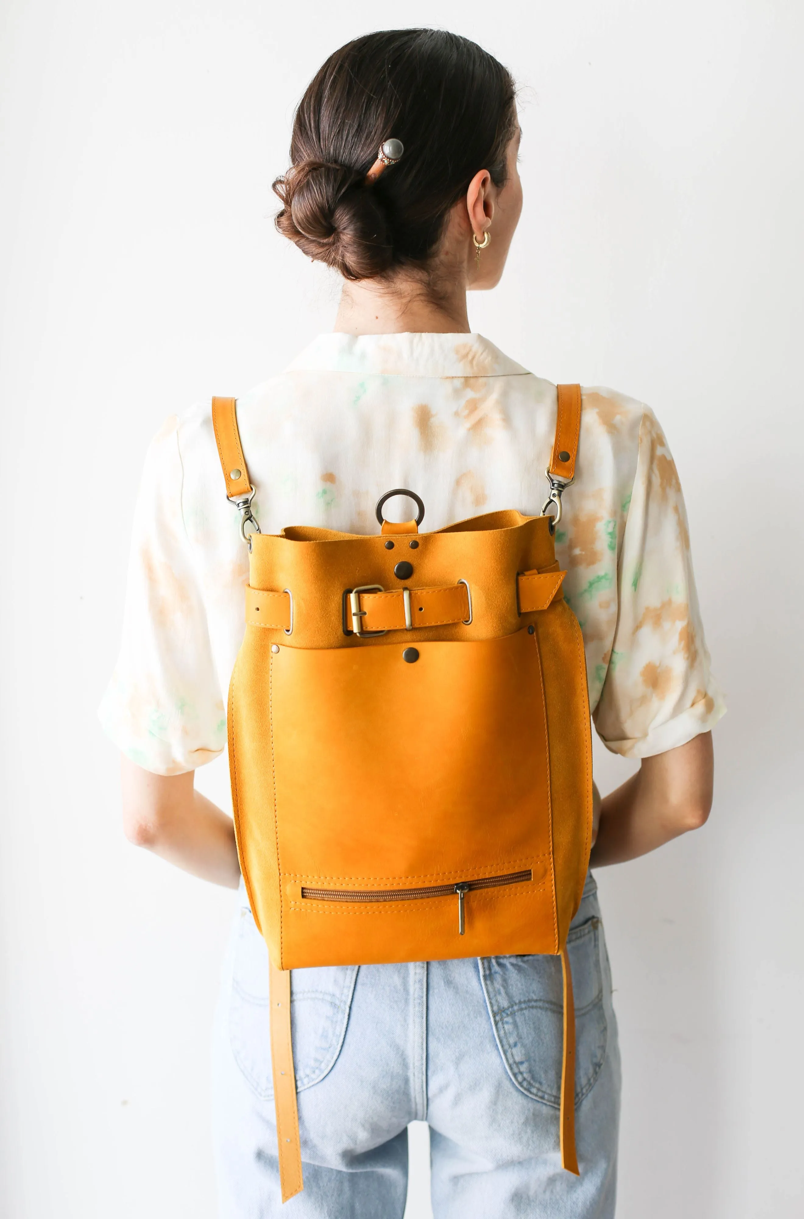 Yellow Suede Leather Backpack Purse