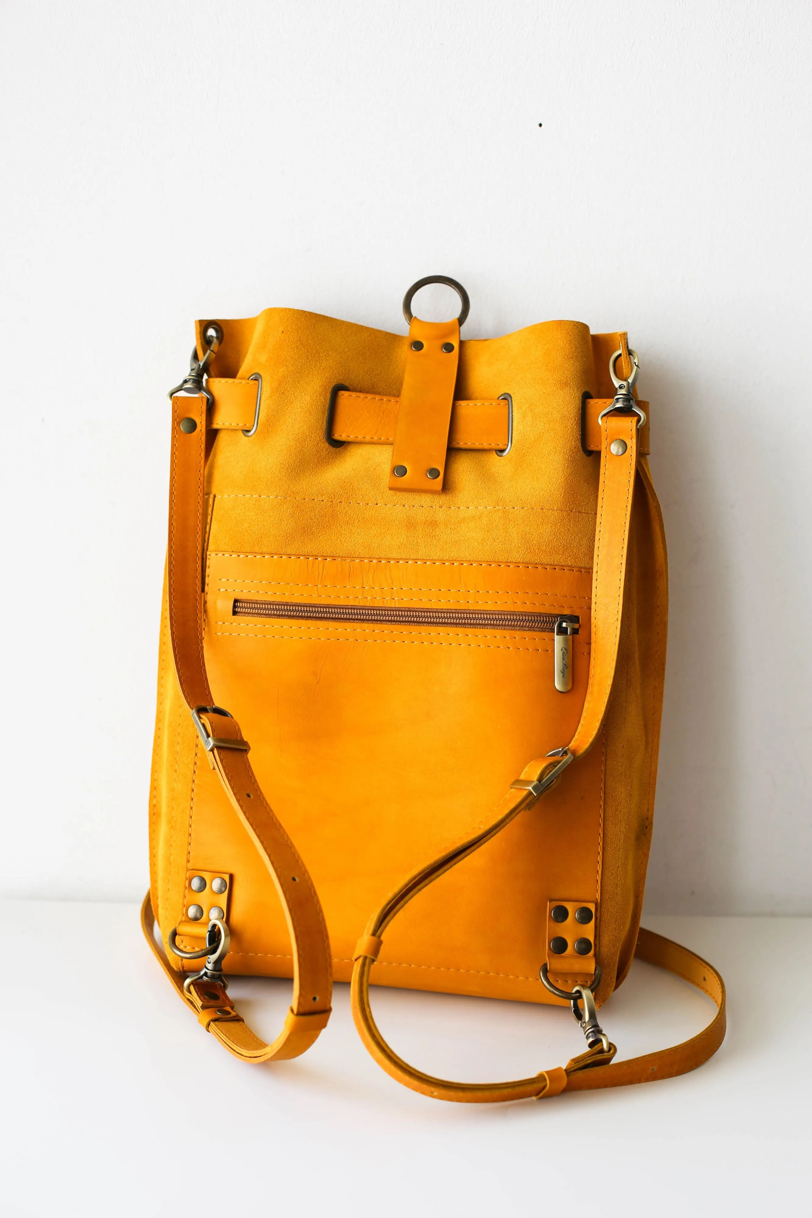 Yellow Suede Leather Backpack Purse