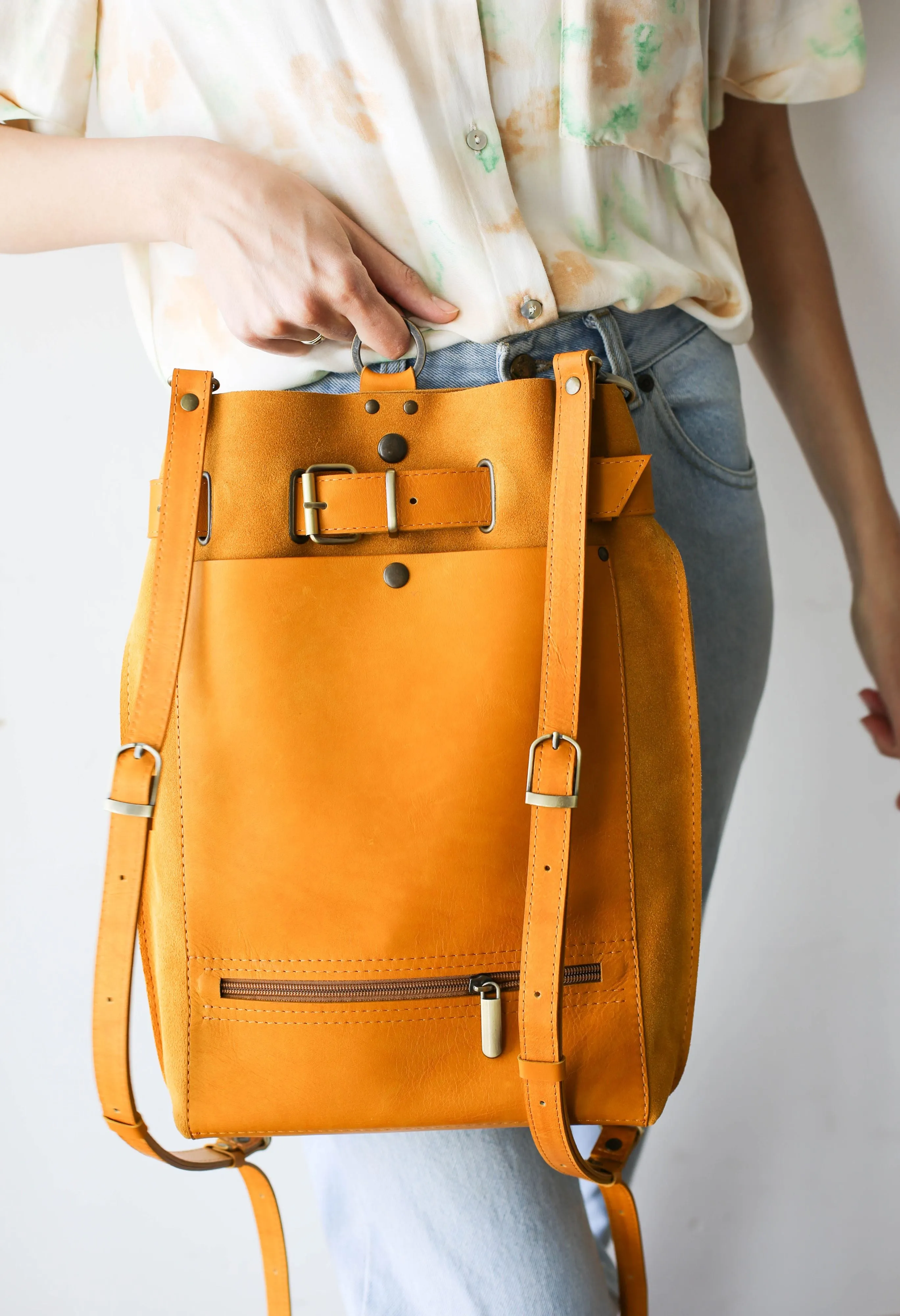 Yellow Suede Leather Backpack Purse